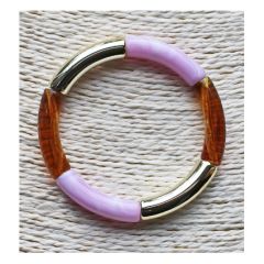Armband acryl tube kralen in topaz, goudkleur en lila, 18cm.
