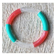 Armband acryl tube kralen in zilverkleur, roze-oranje en turkoois. 18cm.