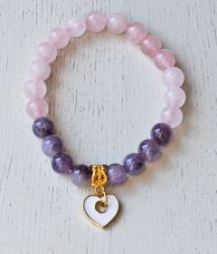 Armband Rozekwarts en Amethist met hartjes bedel, 18cm