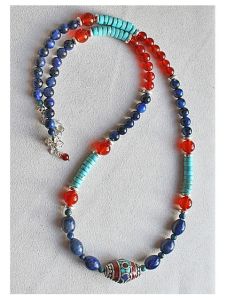 Ketting Lapis Lazuli, rode Agaat, Hematiet, turkooiskleur, 60cm