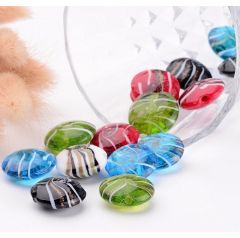 Handgemaakte plat-ronde lampwork kralen, bruin-wit-goud, 20mm. Per stuk.