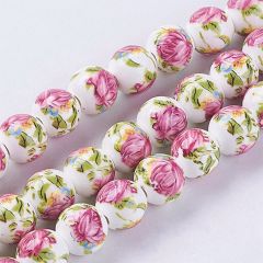 Porselein kralen 10mm roze roos, 5 stuks.