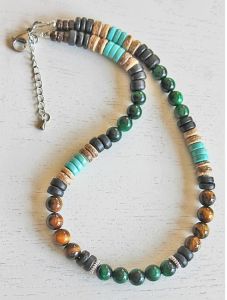Ketting Tijgeroog groen en bruin, turkoois en kokoskralen